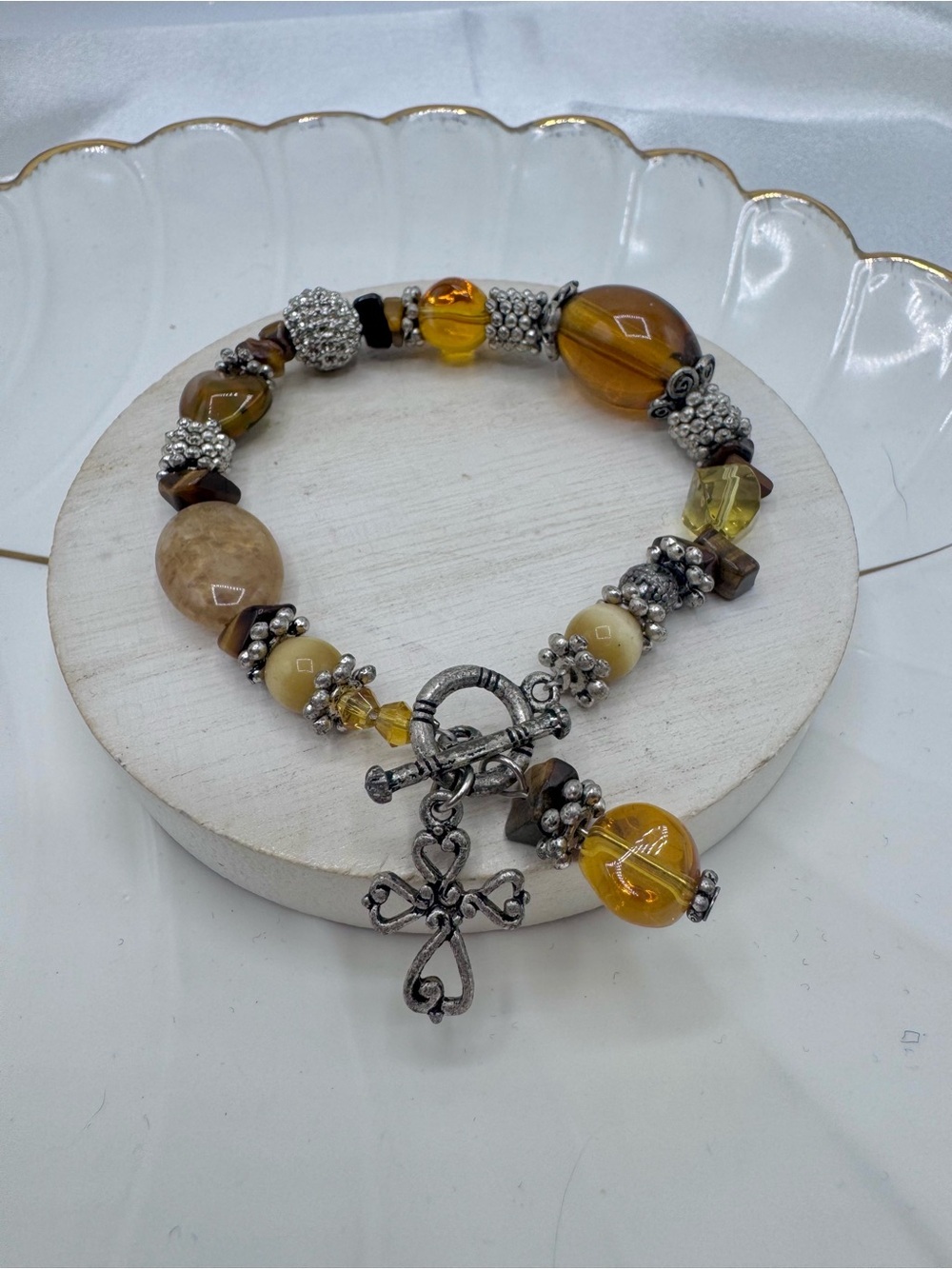 Cross Charm Beaded Bracelet | Amber Yellow Glass & Silver Tone Stretch Bracelet